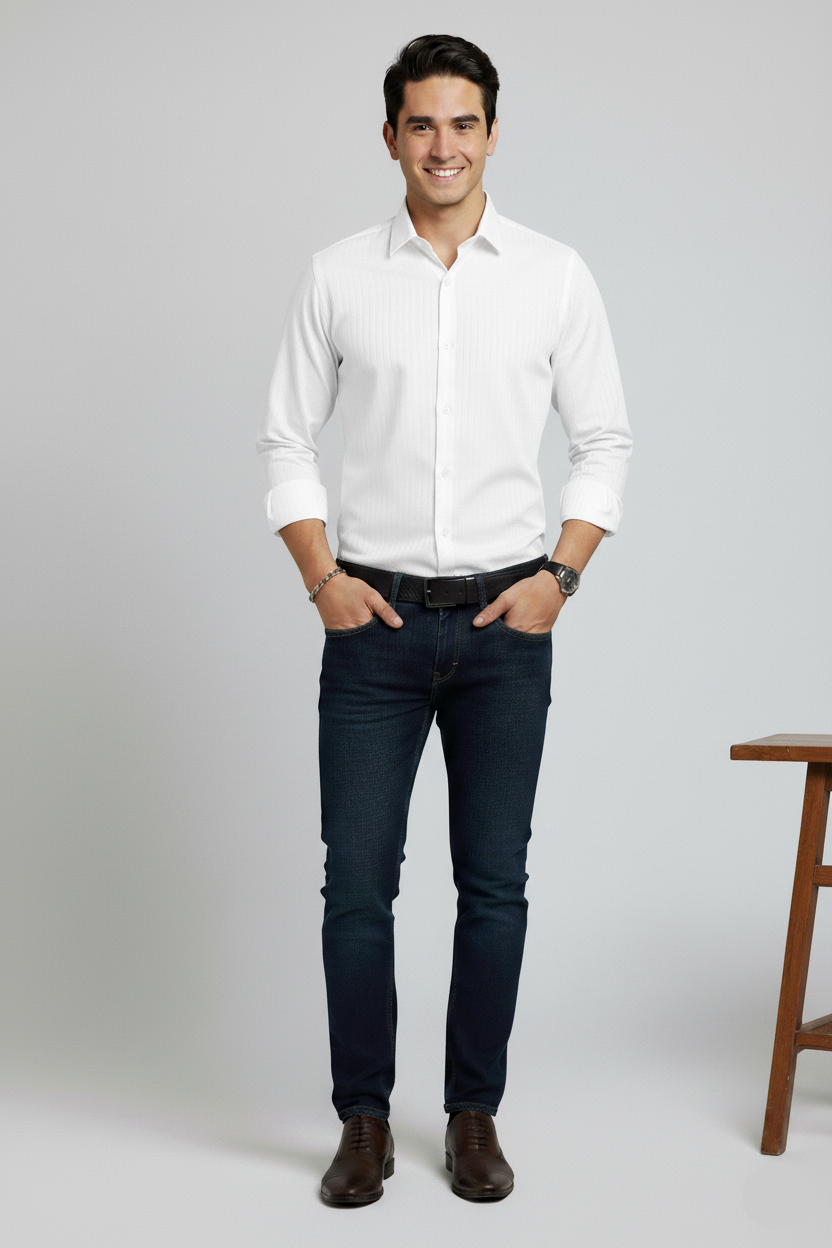 Man wearing a white shirt and dark jeans standing against a plain background