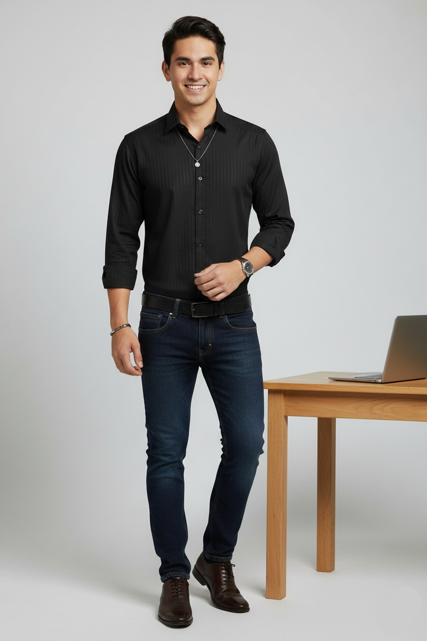 Man wearing a black shirt and jeans standing next to a wooden table with a laptop.