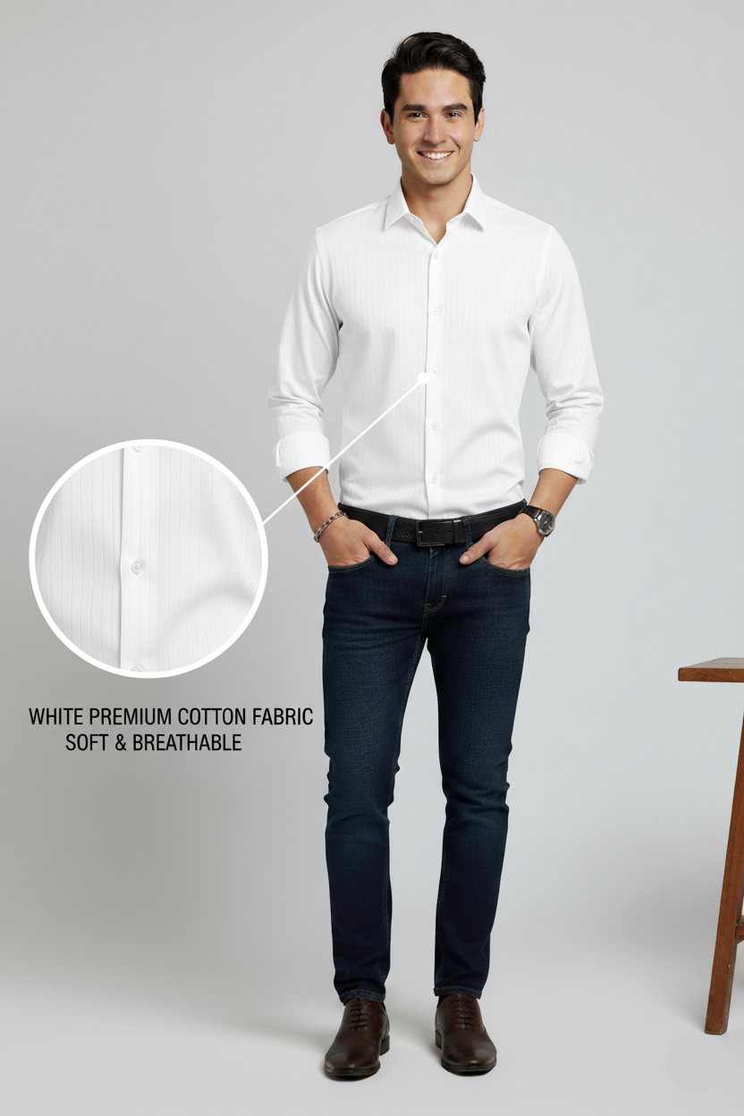 Man wearing a white shirt and dark jeans on a gray background with text about white premium cotton fabric.