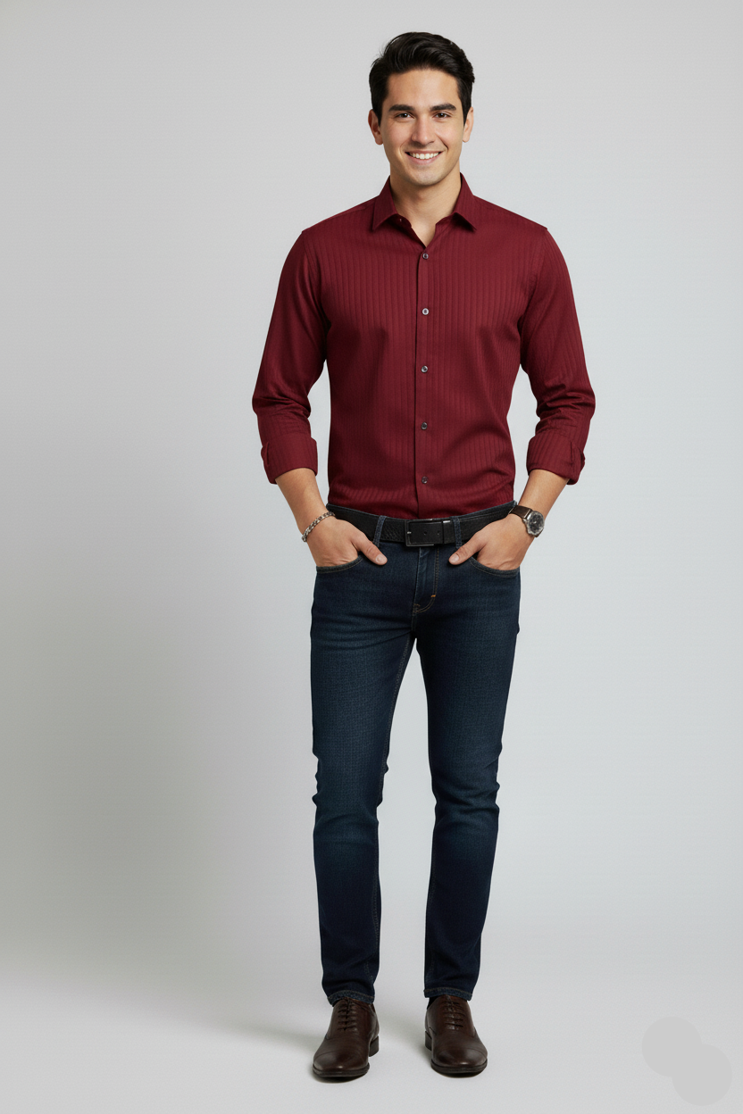 Man wearing a red shirt and dark jeans on a gray background